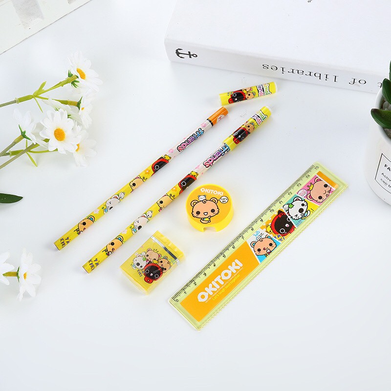 Dụng cụ học tập, set 7 món bút chì,thước kẻ,gôm tẩy,gọt bút chì,nắp đậy_văn phòng phẩm dễ thương