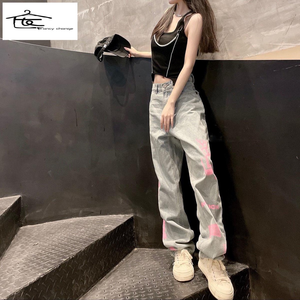 Quần Jean Dài Dáng Rộng In Họa Tiết Graffiti Kiểu Retro Đường Phố Cá Tính Cho Nữ