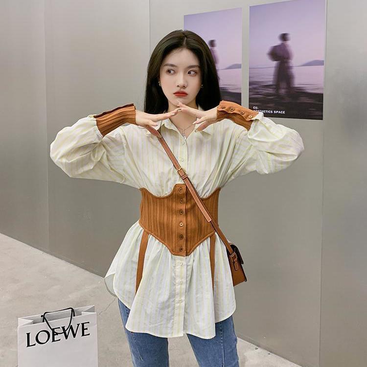 COZOKC COZOK Áo sơ mi tay dài cổ vuông eo cao thời trang mùa thu cho nữ