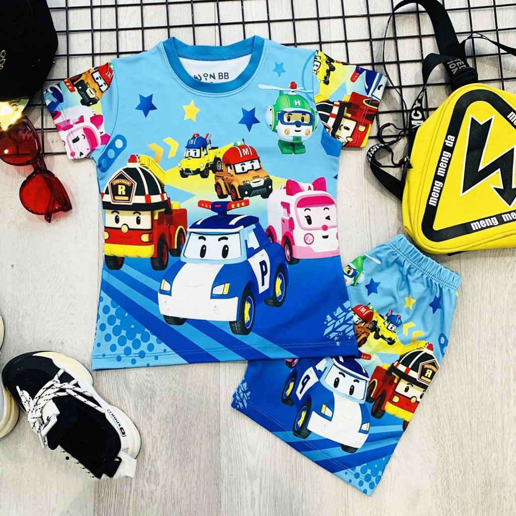 Bộ thun cotton Thái lạnh in hoạt hình poli car xe biến hình