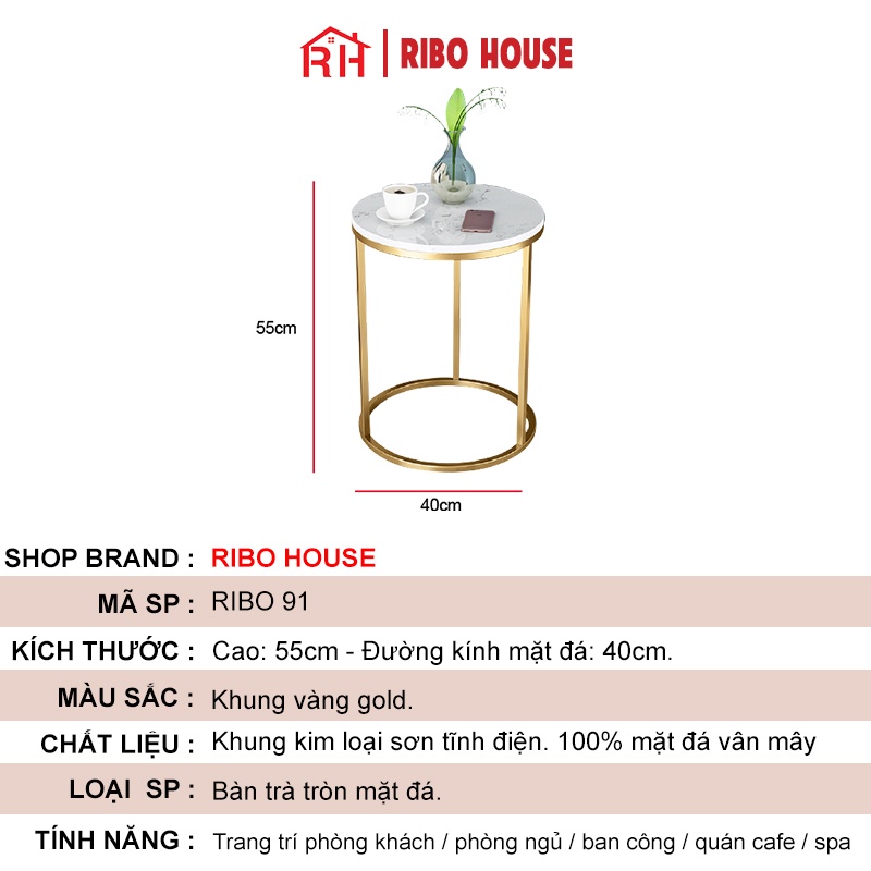 Bàn trà tròn RIBO HOUSE mặt đá hình vân bàn mẫu 1 khung sắt sơn tĩnh điện trang trí phòng khách ban công RIBO91