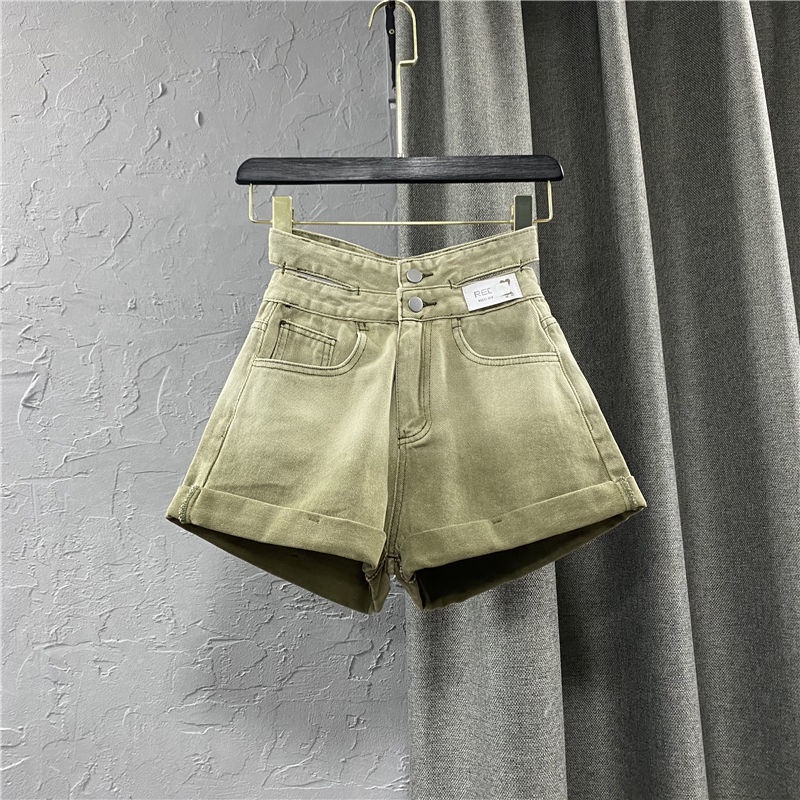 Quần Short Denim Lưng Cao Phối Hai Hàng Nút Màu Xanh Lá Gradient Phong Cách Mới Mùa Hè Cho Nữ