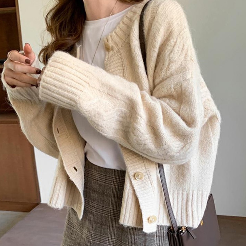 Áo khoác cardigan dệt kim tay dài dáng rộng phong cách retro thời trang cho nữ
