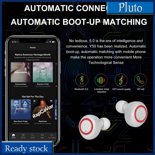 Mới Tai Nghe Nhét Tai Y50 Tws Kết Nối Bluetooth Không Dây Có Hộp Sạc Và Phụ Kiện Ốp