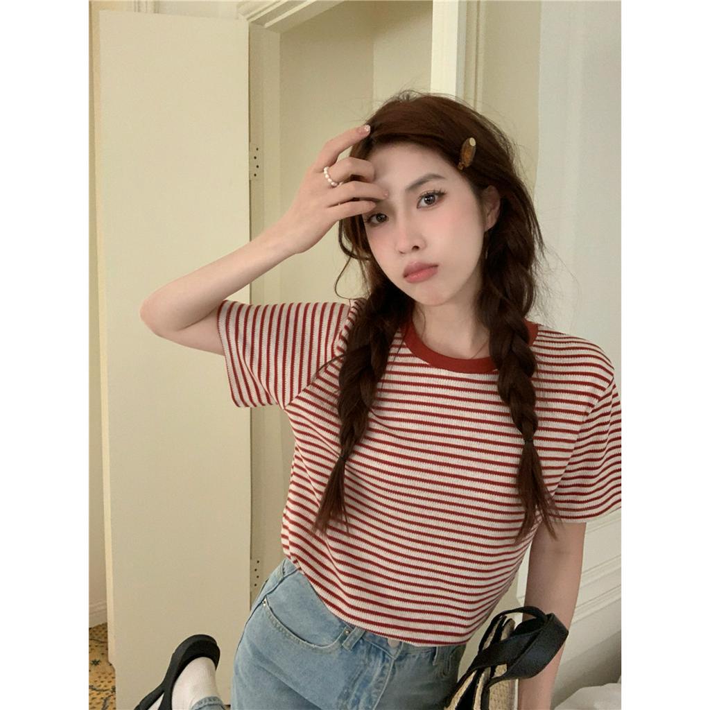 Xiaozhainv Áo Thun Ngắn Tay Form Rộng Họa Tiết Kẻ Sọc Phong Cách Hàn Quốc Dành Cho Nữ