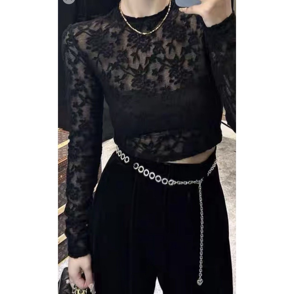 Áo Kiểu Tay Dài Phối Ren Hoa Thiết Kế Quyến Rũ Hợp Thời Trang