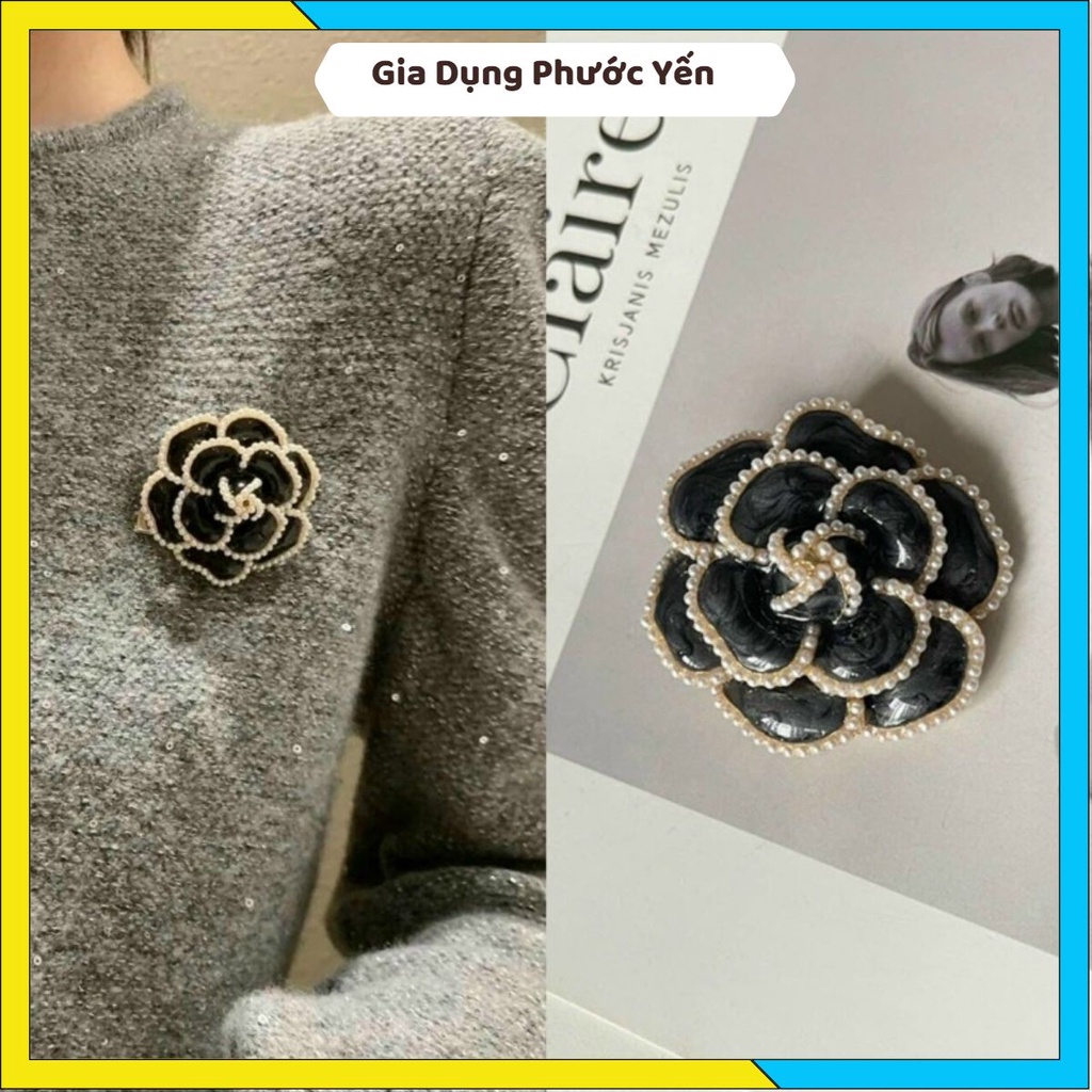 Ghim cài áo đính Ngọc trai giả hình hoa trà màu trắng đen thời trang cho nữ