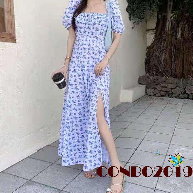 Đầm Dài Tay Phồng In Họa Tiết Hoa Thời Trang Xuân Hè Dành Cho Nữ