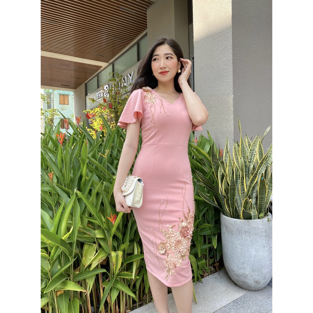 đầm cao cấp trung niên nữ, đầm dự tiệc thiết kế sang trọng phối hoa cao cấp