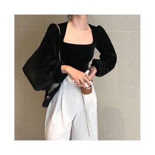 (sẳn) Áo nhung cổ vuông basic