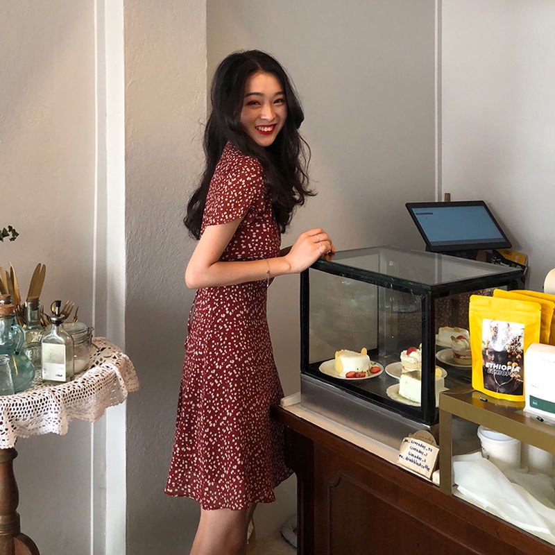 Đầm Chữ A Cổ Chữ V In Họa Tiết Hoa Phong Cách Hàn Quốc Thời Trang