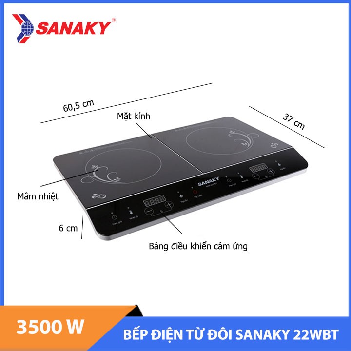 Bếp từ đôi Sanaky SNK-22WBT, bếp điện từ đôi mặt kính cảm ứng, chữ Tiếng Việt