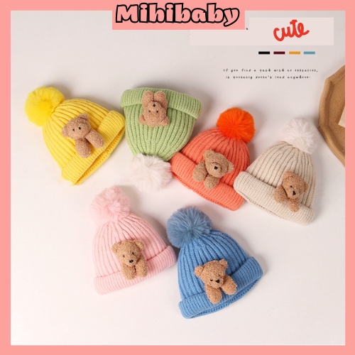 Mũ len giữ ấm Mihibaby đính hình gấu kiểu Hàn Quốc thời trang cho bé, nón len gấu nâu trẻ em phong cách đáng yêu