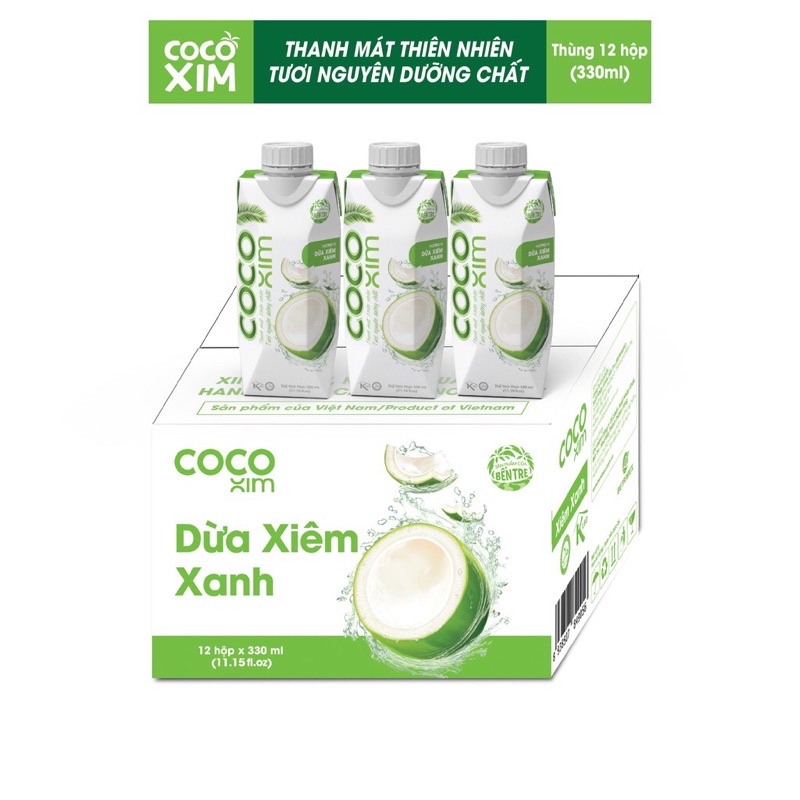 Thùng 12 hộp nước dừa Cocoxim 330ml (dừa xiêm xanh, xiêm sen, vị tắc, dứa non)