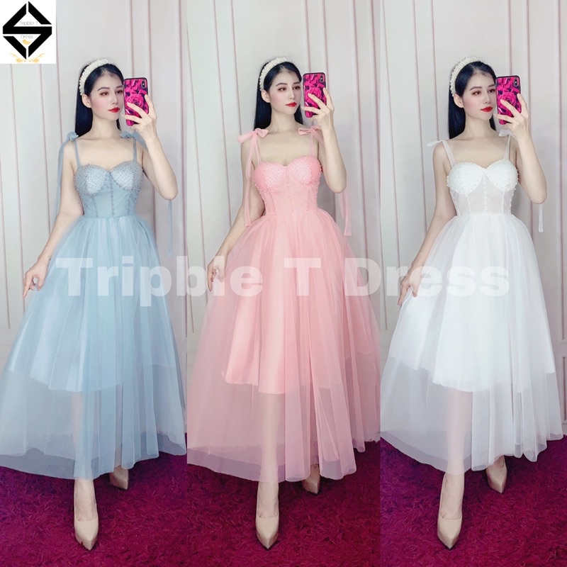 Đầm dự tiệc công chúa 2 dây thắt nơ vai kết cườm ngực TRIPBLE T DRESS -size M/L - MS278V