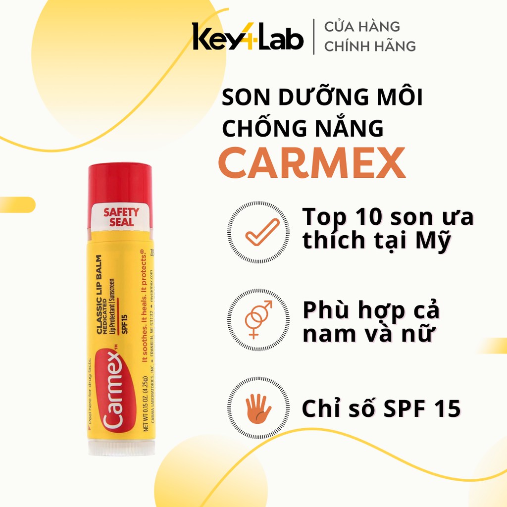 Son dưỡng môi Carmex Medicated Classic Lip Balm Mỹ dưỡng ẩm, làm mềm môi, chống nắng SPF 15, dạng thỏi 4.25g Key4 Lab