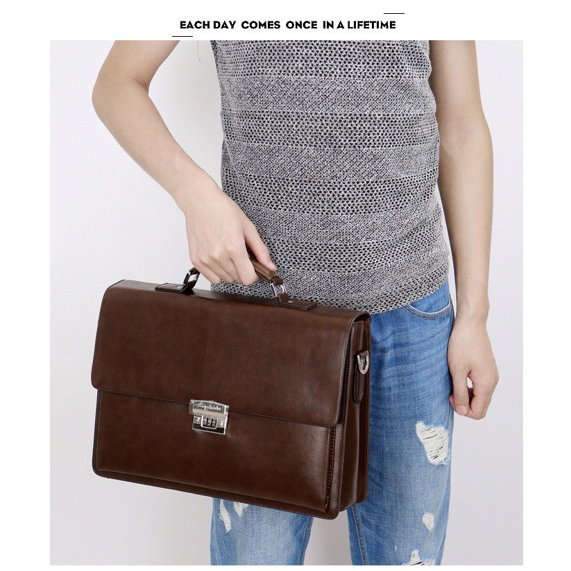 Túi xách cặp da giáo viên đựng laptop 14 inch da bò công sở T21 khóa số (Nâu-Đen) KT 38-27-7CM | BigBuy360 - bigbuy360.vn