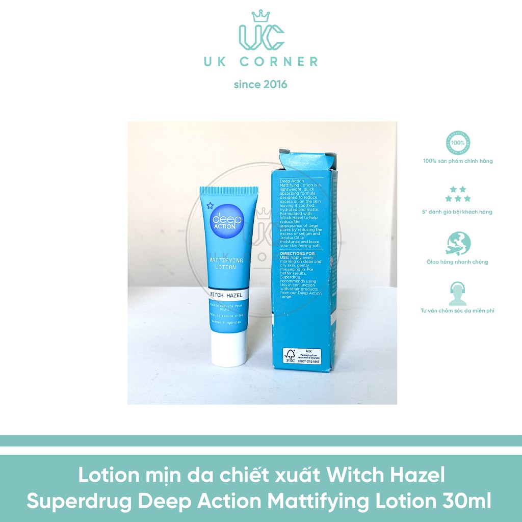 [Vỏ móp do Vận chuyển] Lotion mịn da chiết xuất Witch Hazel Superdrug Deep Action Mattifying Lotion 30ml