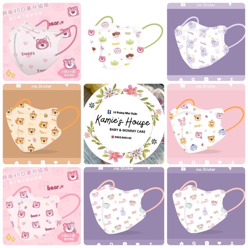 Khẩu trang 5D kháng khuẩn, có gọng gập mũi hoạ tiết hoạt hình, gấu dâu, cu shin cho người lớn và trẻ em trên 35kg