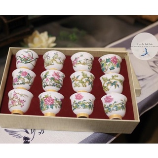 Bộ 12 chén uống trà hoạ tiết cảnh xuân, chén trà sứ vẽ tay.