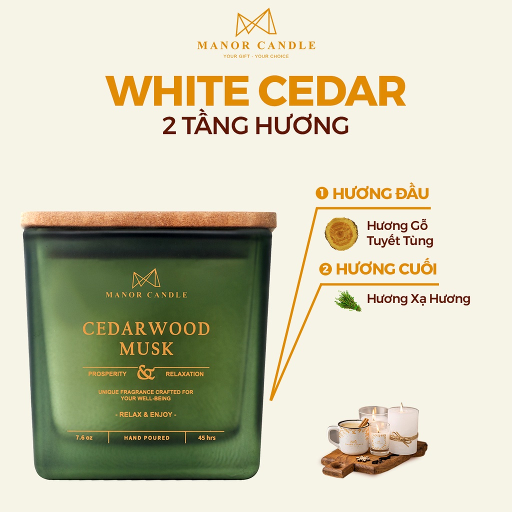 Nến Thơm Cedarwood Musk Size 7 OZ Hương Gỗ Tuyết Tùng Đỏ Phản Với Bưởi Trắng Trên Rừng Vàng Xạ Hương , Manor Candle