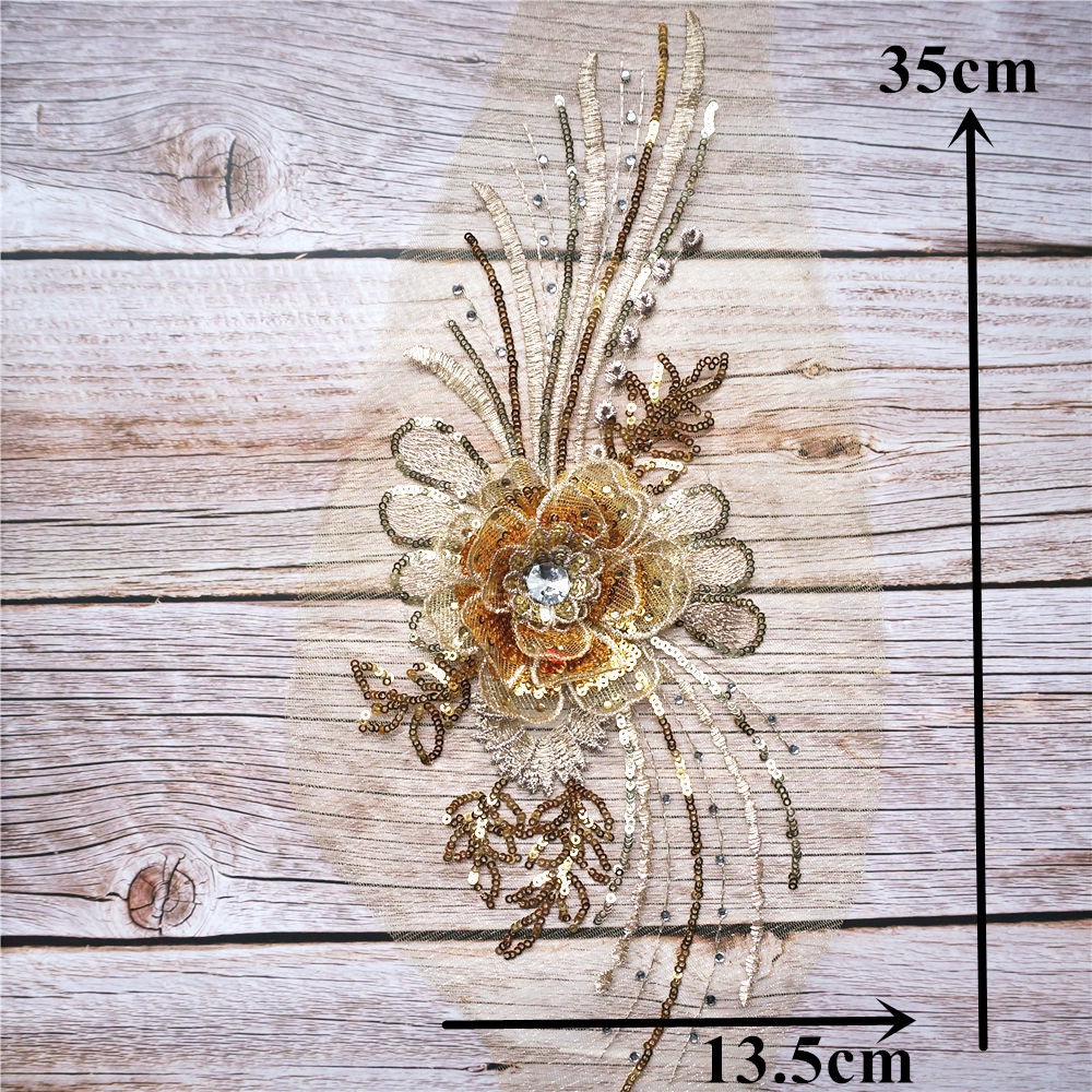 Miếng Vải Ren Thêu Hoa Đính Kim Sa Vàng Dùng May Váy Cưới diy