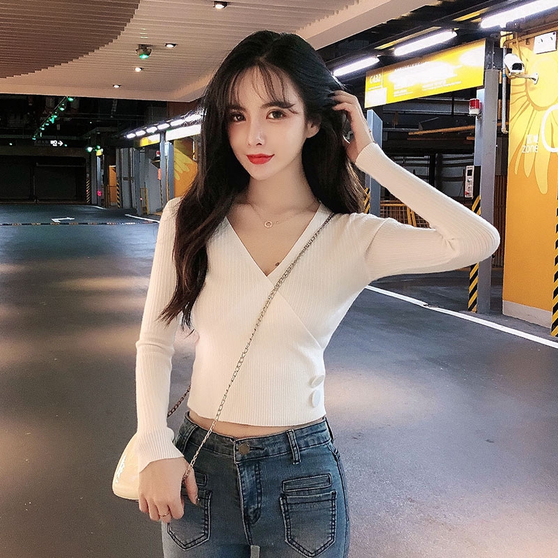 Áo dệt kim vạt chéo dài tay dáng ôm thời trang