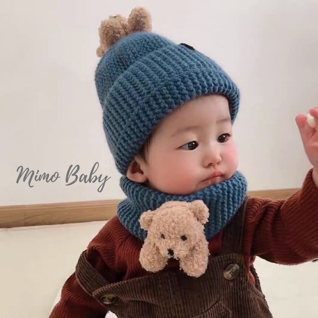 Set mũ kèm khăn len ống đính gấu bông cho bé 1-5y Mimo baby ML40