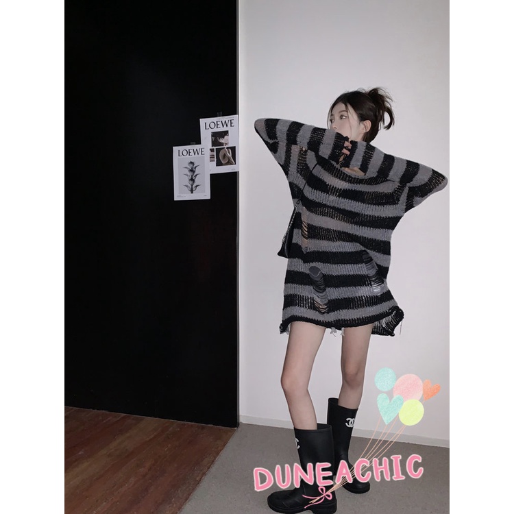 DUNEA Áo Nữ Tay Dài Họa Tiết Sọc Ngang Thời Trang Cá Tính