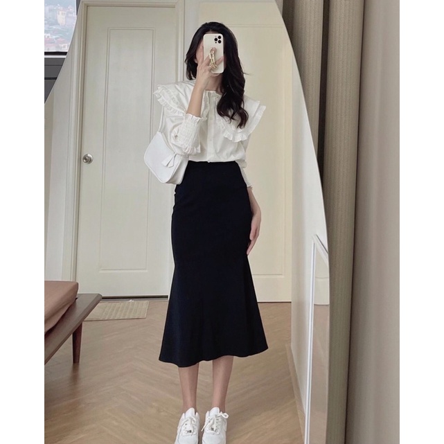 Chân váy đuôi cá dáng dài màu đen phong cách Hàn - Lumii