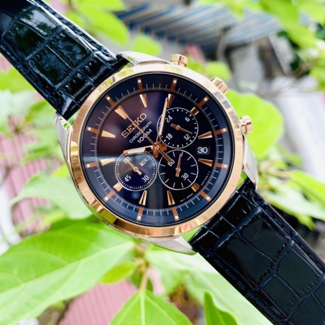 Đồng hồ nam Seiko Chronograph SSB160P1 dây da xang - kính khoáng viền rose - size 44mm