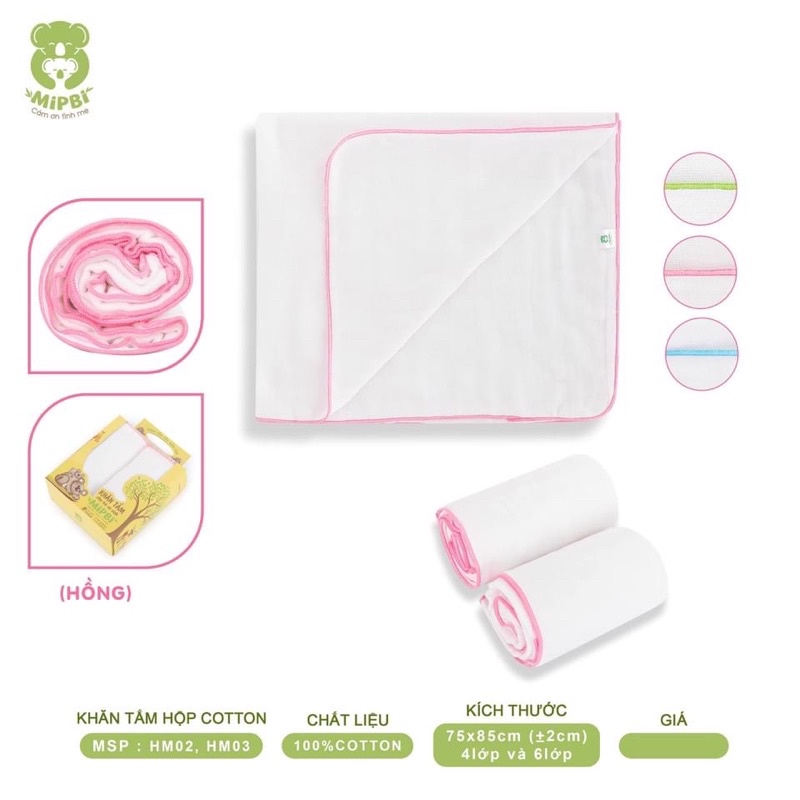 Set 2 cái- Khăn tắm cao cấp Mipbi 6 lớp 100% cotton