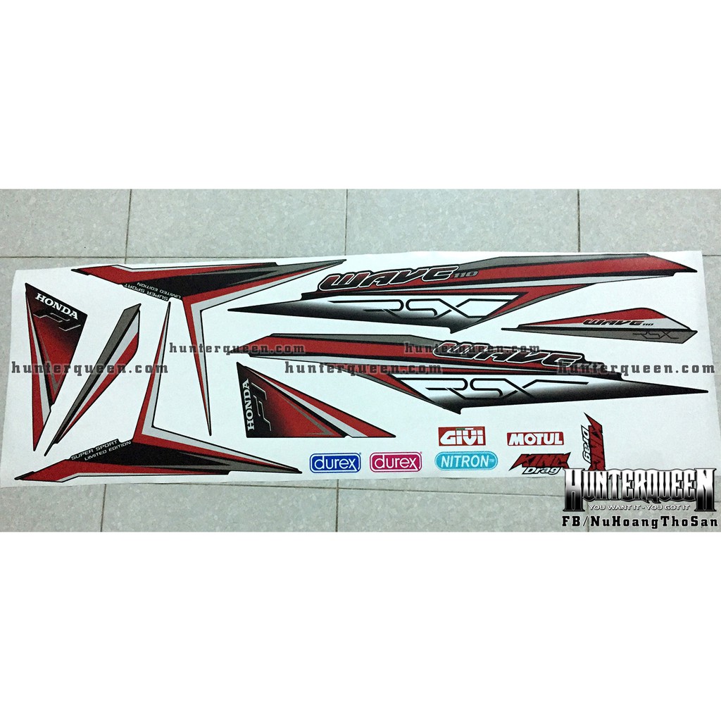 Tem rời xe WAVE RSX 2014. Dán xe đen nhám. Chống nước, bền màu, sắc nét. Thay đổi theo yêu cầu. Chất lượng cao.