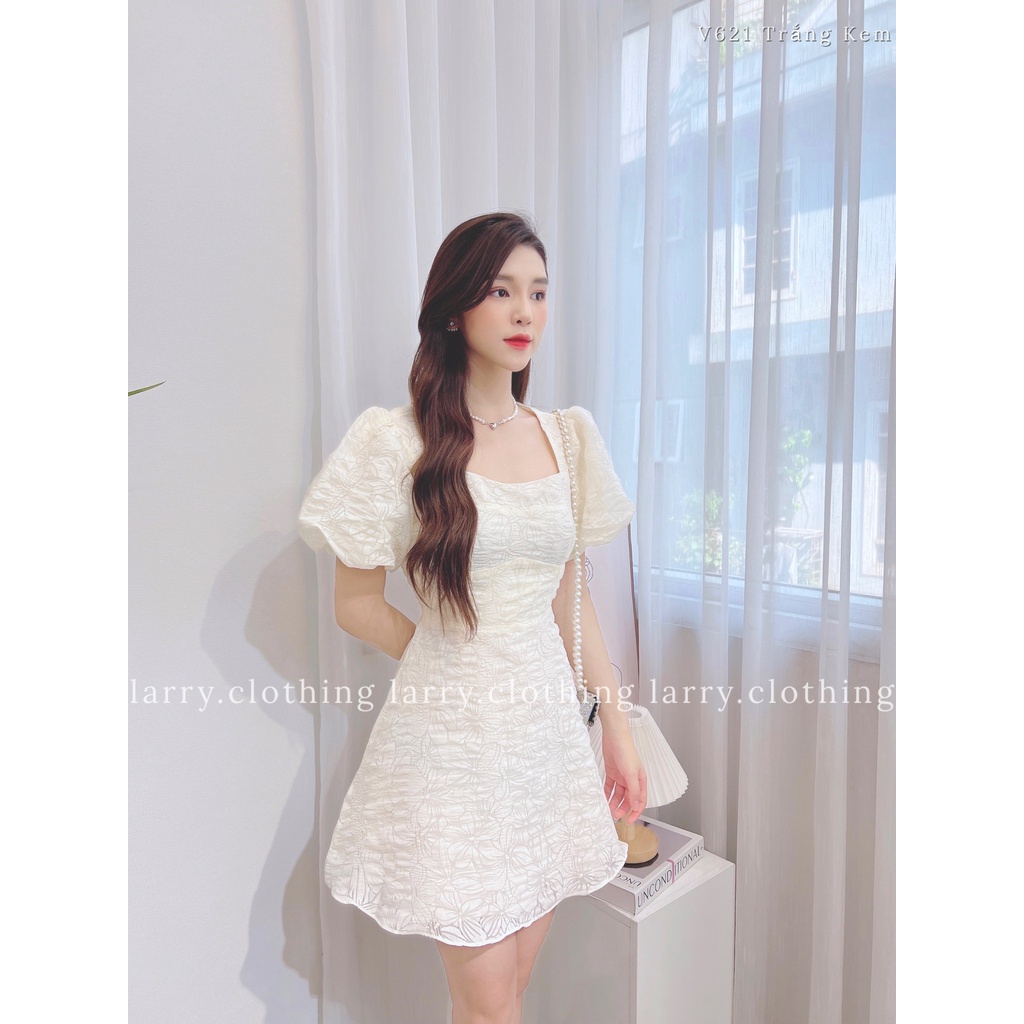 Đầm thiết kế nữ váy cổ vuông in hoa chìm tay bồng chất xốp nhăn xanh bơ 3 lớp thời trang thiết kế Larry Clothing V621