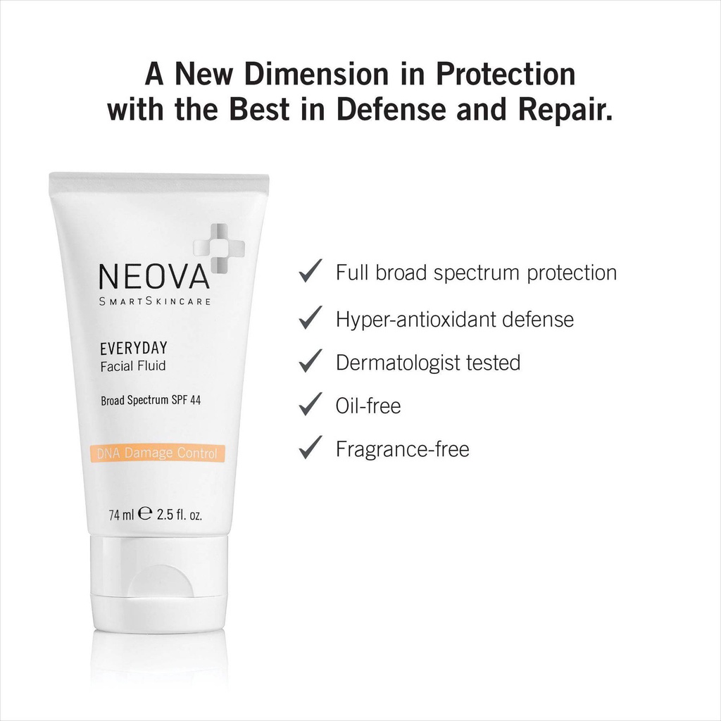 Kem chống nắng bảo vệ da toàn diện NEOVA Everyday (Facial Fluid / Broad Spectrum SPF 44) giúp dưỡng ẩm và bảo vệ da