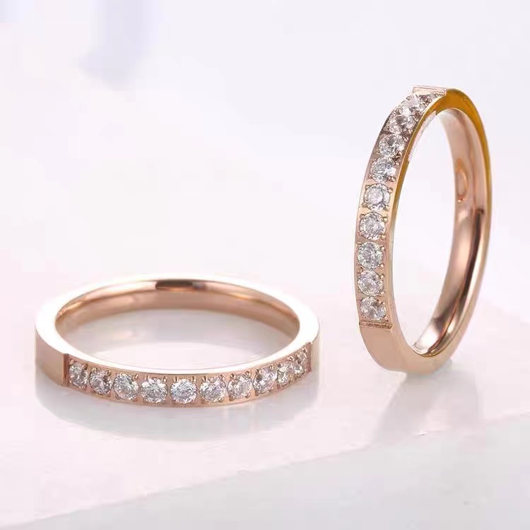 Nhẫn Kim Cương Bằng Thép Không Gỉ Mạ Vàng Hồng 18K Không Phai Màu Phong Cách Nhật Hàn Đơn Giản Dễ Phối Đồ