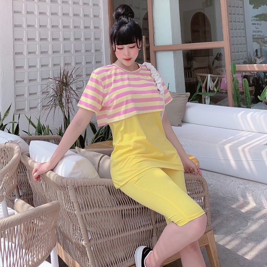 Đồ Bộ Nữ TS03331 Đồ Bộ Mặc Nhà Chất Cotton 100% Co Dãn Đanh Mịn Quần Ngố Lửng Phối Áo Croptop Sọc Ngang Size 40KG - 80KG | BigBuy360 - bigbuy360.vn