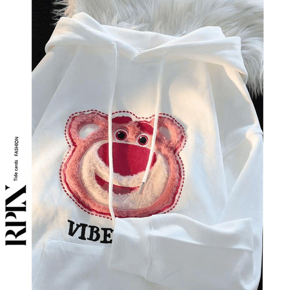 Rpin Áo Hoodie Cotton Nguyên Chất Dáng Rộng Thiết Kế Hình Gấu Dâu Tây Cá Tính