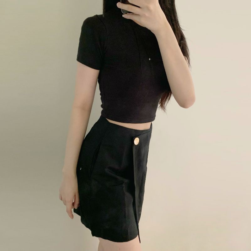 [ SET 2 MÓN ]Áo len tăm cổ tròn + chân váy chữ A  đính nút vạt chéo thời trang ulzzang mùa hè đi chơi basic cực đẹp [ GI