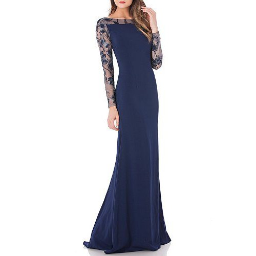 Đầm dạ hội Carmen Marc Valvo ren lưng và tay áo thêu hoa kim sa màu xanh sang trọng USA 661619 ( TH8813 )