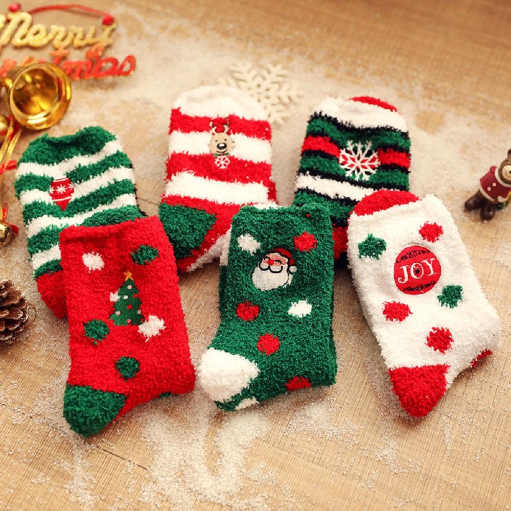 Vớ Lông Cừu San Hô Dày Giữ Ấm Mùa Thu Đông Họa Tiết Sọc Ông Già Noel Cho Nữ