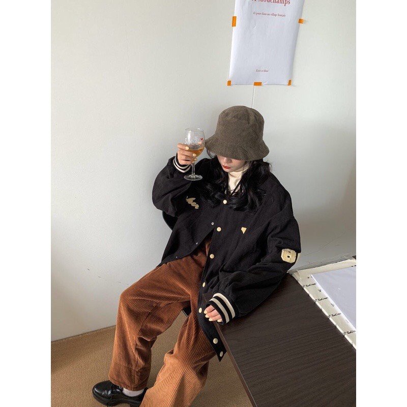 Áo Bomber Thêu Chỉ nổi Vàng YQ Áo Khoác Unisex Dáng Rộng Cúc Bấm | BigBuy360 - bigbuy360.vn