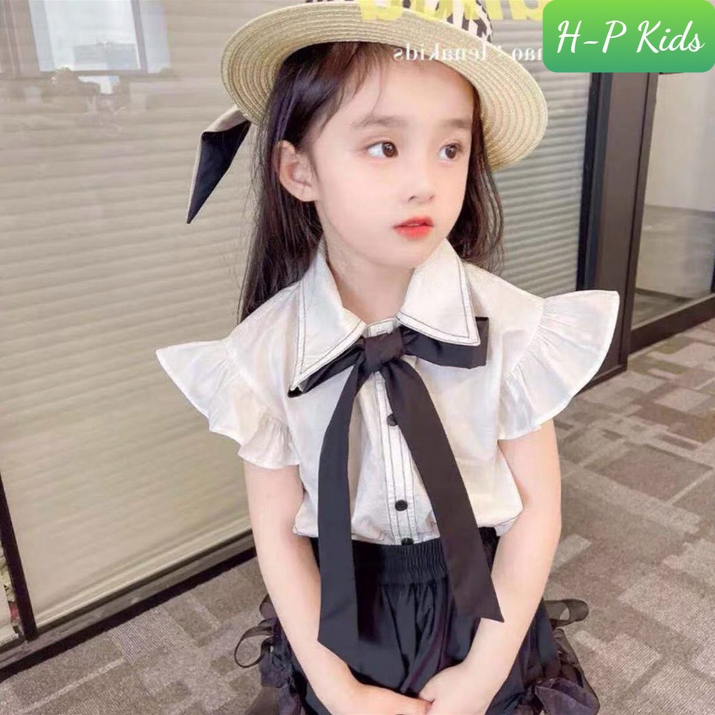 Xả kho Bộ áo trắng nơ đen phối  + quần bom cho bé gái