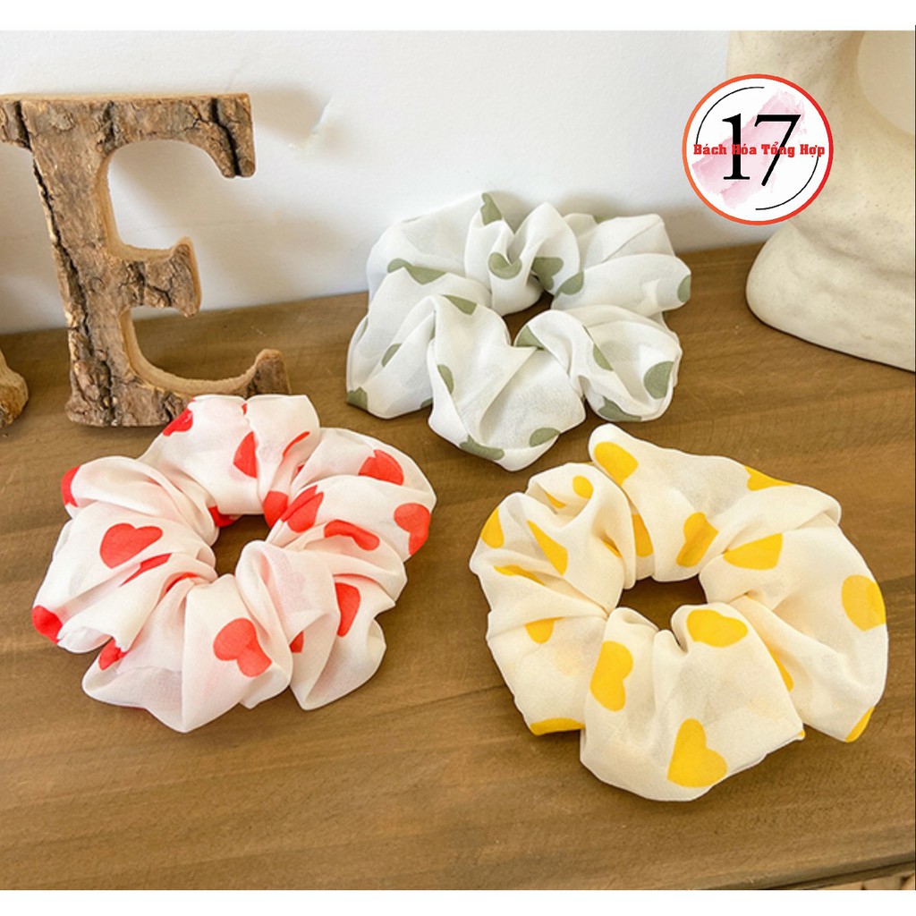 Dây buộc tóc, cột tóc Scrunchies vải họa tiết trái tim nhiều màu