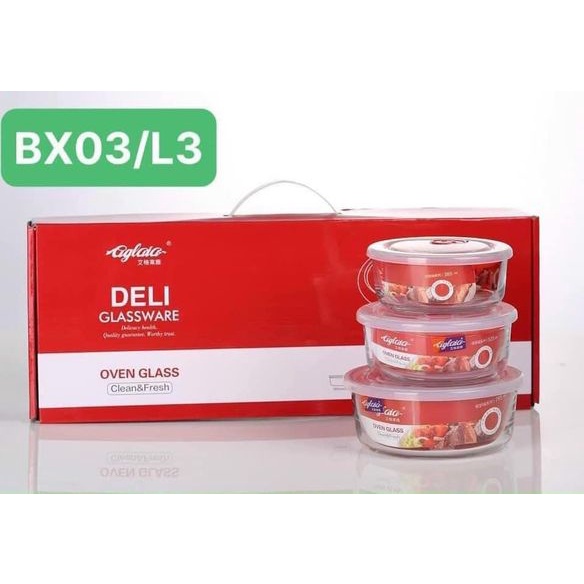 Sét 3 chiếc thố thủy tinh Deli cao cấp có nắp hút chân không full hộp