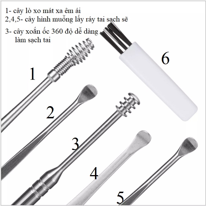 Bộ lấy ráy tai inox 6 món - bộ dụng cụ ngoáy tai có đèn thép không rỉ an toàn cho bé và gia đình