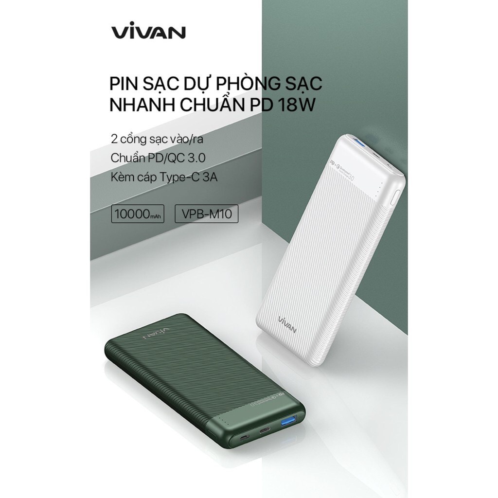 12.12 Hot Deals- Sạc Dự Phòng VIVAN M10 10000mAh Sạc Nhanh 2 chiều 18W Quick Chare 3.0 (In / Out Type-C)