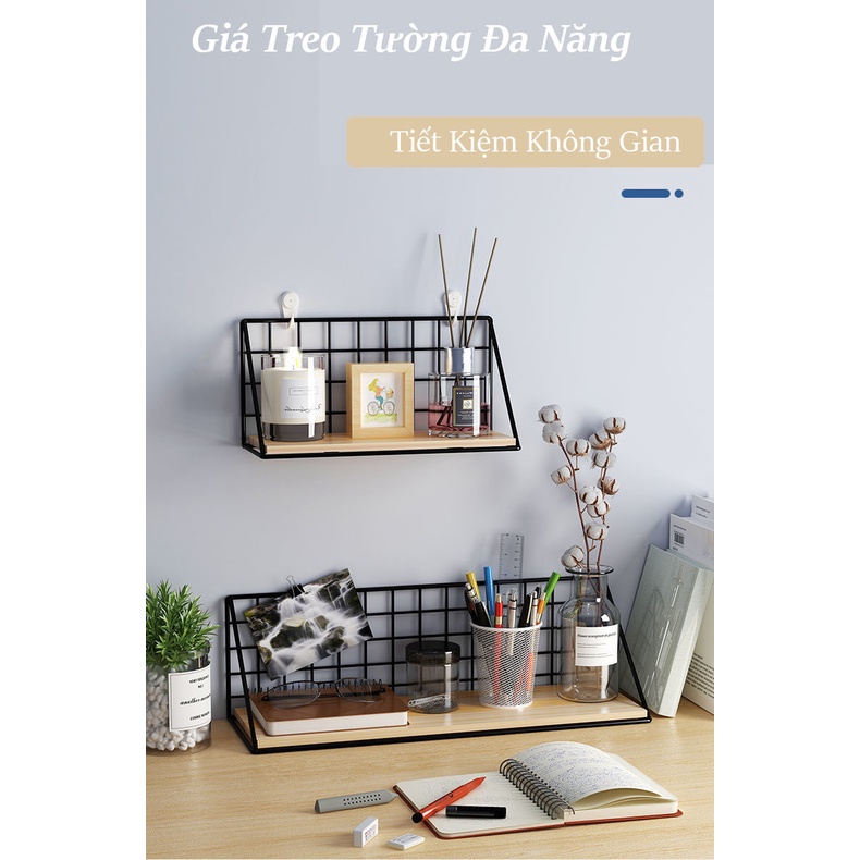 Kệ Gỗ Để Đồ Khung Thép, Kệ Treo Tường Decor Thích Hợp Cho Mọi Không Gian (Tặng Kèm Miếng Dán Hoặc Đinh Treo)