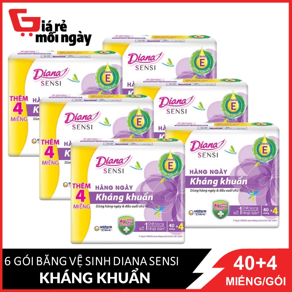 Combo 6 Băng vệ sinh Diana Sensi Hàng Ngày Kháng Khuẩn 40 + 4 miếng/gói x 6