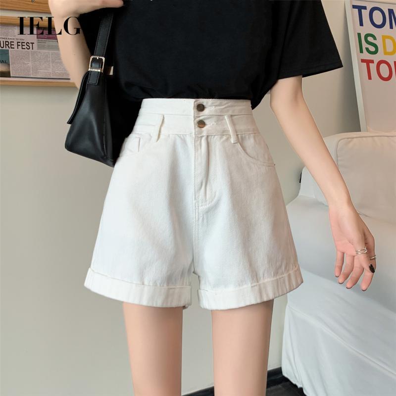 Quần ngắn chữ A IELGY denim lưng cao dáng rộng màu trắng đen thời trang cho nữ